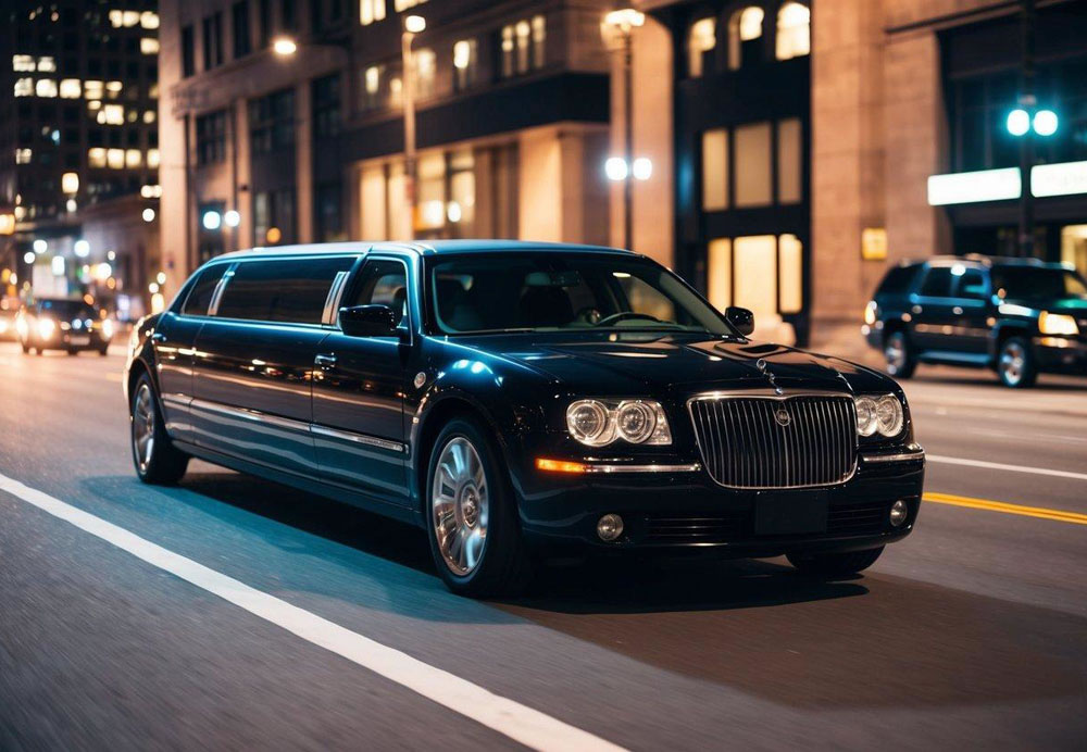 A sleek, black limousine is driving through phoenix city.